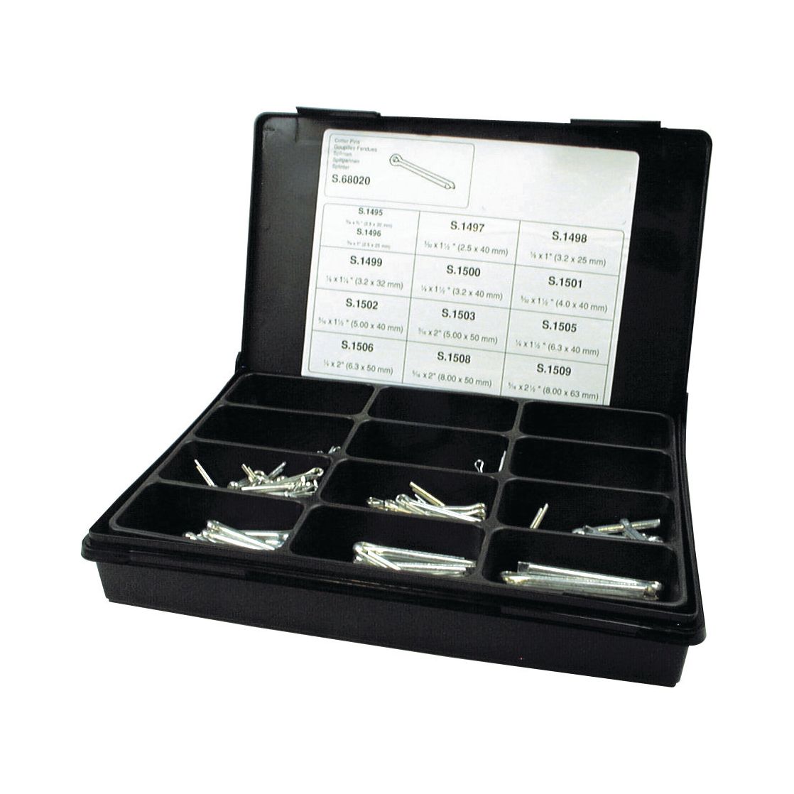 The Sparex Cotter Pin Compak (Part No. S.68020) contains 510 assorted metal pins, with diameters ranging from Ø2.5 to 8mm and lengths between 20 to 63mm, organized in a toolbox with multiple compartments. The inside lid features a reference chart for pin specifications, making it ideal for jewelers. Additionally, the kit includes a Sparex cleaning solution to maintain the quality of the pins.