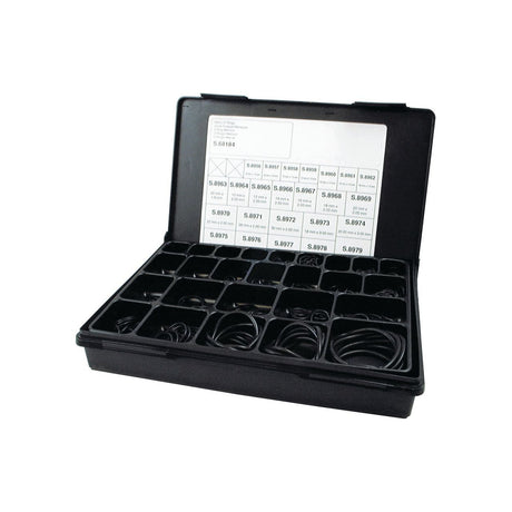 Plastic organizer box with multiple compartments, filled with various sizes of Sparex nitrile rubber Assorted Metric O Rings (Compak 500 pcs.) - S.68184, featuring a label on the inside of the lid listing part numbers and sizes.