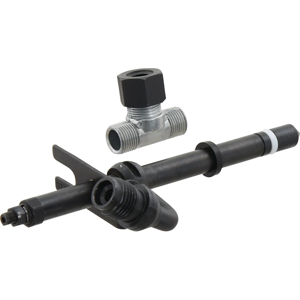 An Injector Assembly (Sparex Part No. S.68191) by Sparex, featuring a long black shaft with connectors and fittings, along with a separate small metallic T-shaped connector, ideal for John Deere machinery needs.