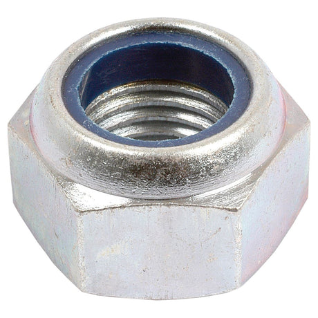 Close-up of a shiny metric self-locking nut, M30x3.50mm (DIN 985) Metric Coarse (Sparex Part No.S.6819) by Sparex, featuring a blue nylon insert inside the threading and finished with zinc plating.