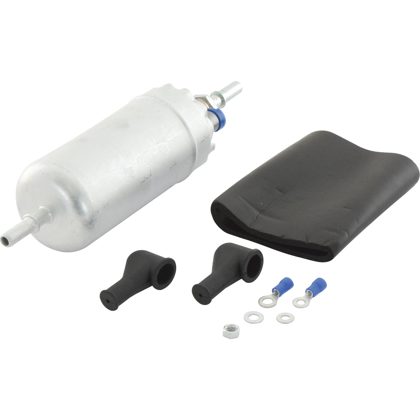 The Sparex Fuel Pump - Electric (Part No. S.68216) is an automotive fuel pump compatible with John Deere machinery, and it includes two black protective boots, two blue connectors, two metal washers, and a black rubber cover.