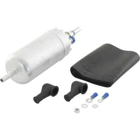 The Sparex Fuel Pump - Electric (Part No. S.68216) is an automotive fuel pump compatible with John Deere machinery, and it includes two black protective boots, two blue connectors, two metal washers, and a black rubber cover.