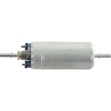 A cylindrical Fuel Pump - Electric by Sparex, part no. S.68216, with metal fittings and connectors at both ends, marked with "A-06-20 278", designed specifically for John Deere machinery.