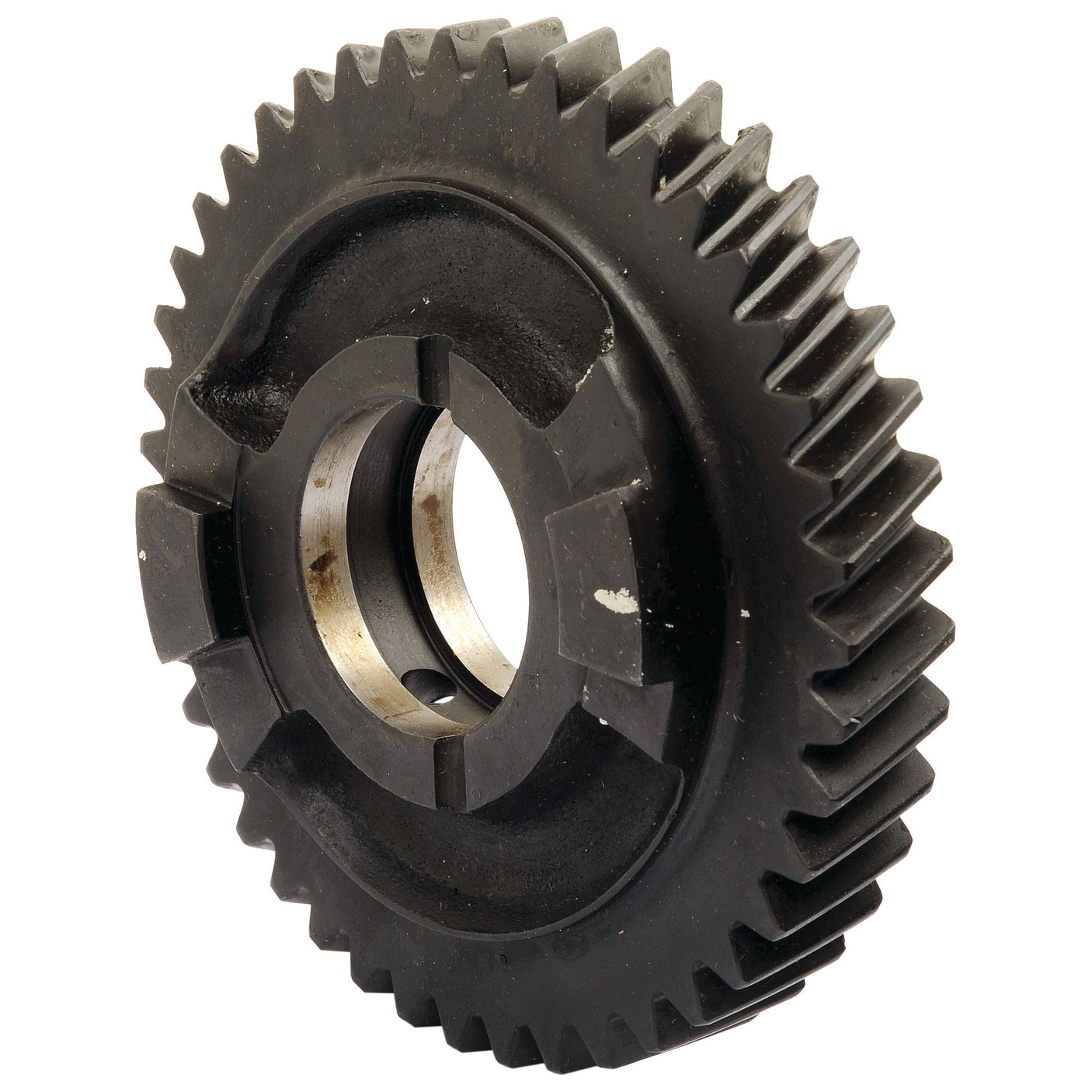 Close-up of a single Transmission Gear | Sparex Part No. S.68220 with sharp teeth, showing signs of wear and a cylindrical central hole, compatible with Ford/New Holland machinery from the Sparex brand.