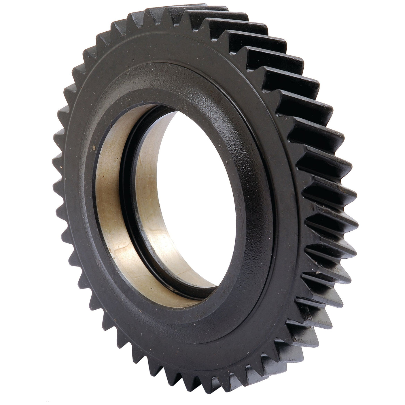 A close-up of the Sparex Transmission Gear (Part No. S.68221), a black metal gear with evenly spaced teeth designed for mechanical use. This precision component is ideal for Case IH machinery, ensuring optimal performance in demanding conditions.