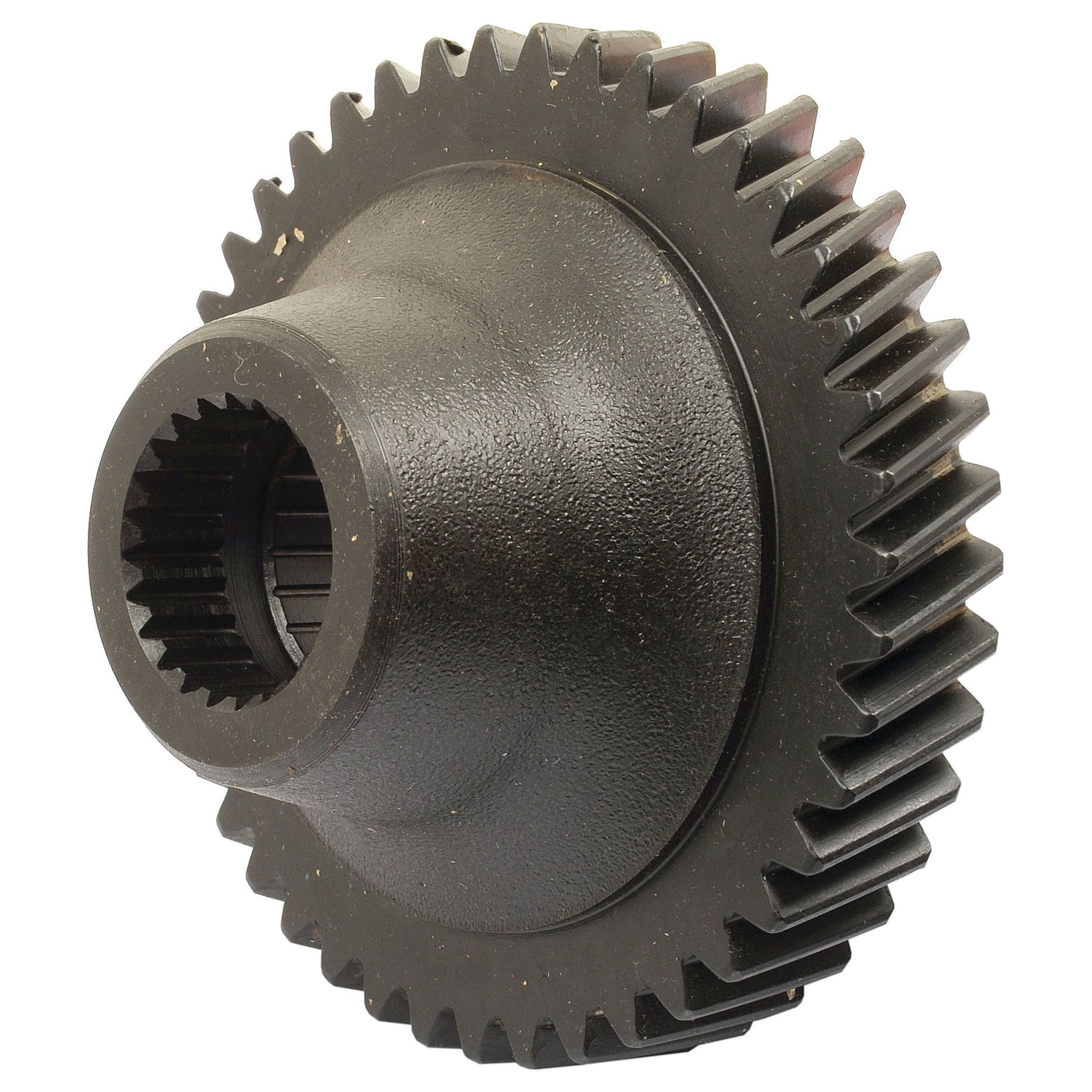 A detailed close-up of a black, metal, cylindrical gear with 43 teeth around its edge, specifically designed for Ford New Holland machinery by Sparex—Product Name: Transmission Gear (Sparex Part No. S.68228).