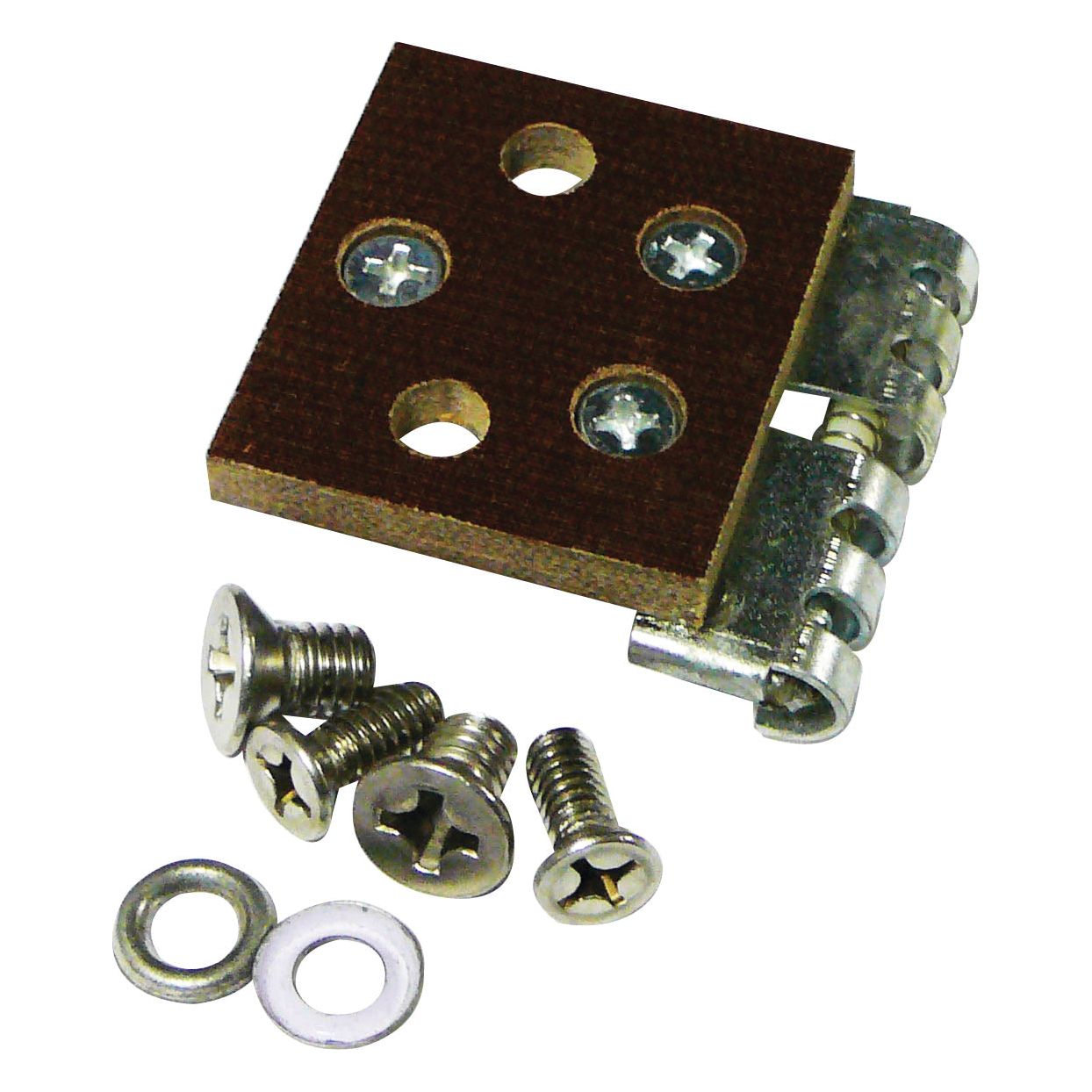 Displayed on a white background is the Voltage Resistor by Sparex (Sparex Part No. S.68234), featuring a brown hinge with four circular holes, attached to a metal component, accompanied by five screws and two washers, ideal for Ford New Holland applications.