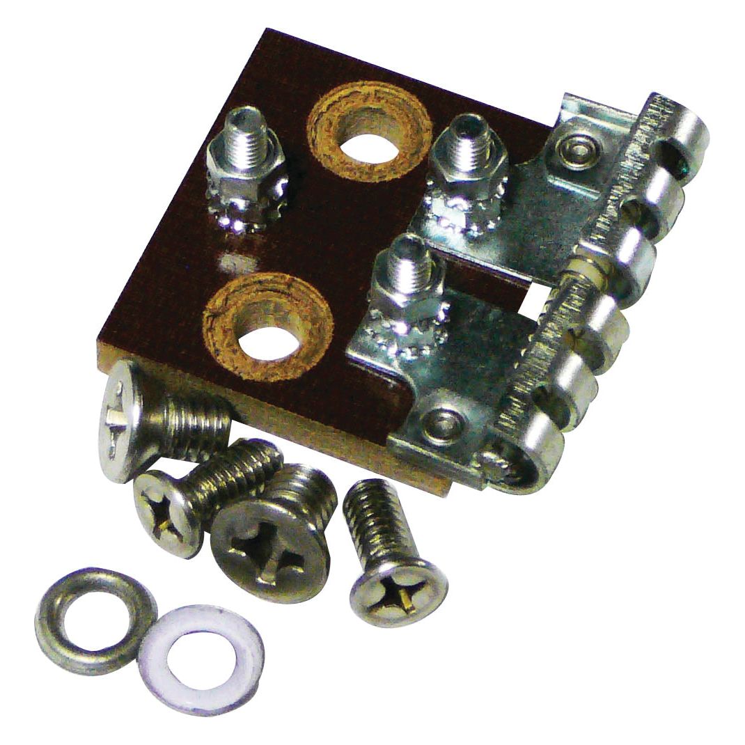 A Sparex Voltage Resistor (Part No. S.68234) electrical terminal block with four threaded screw terminals, two holes, and several loose screws and washers nearby, suitable for Ford New Holland machinery.