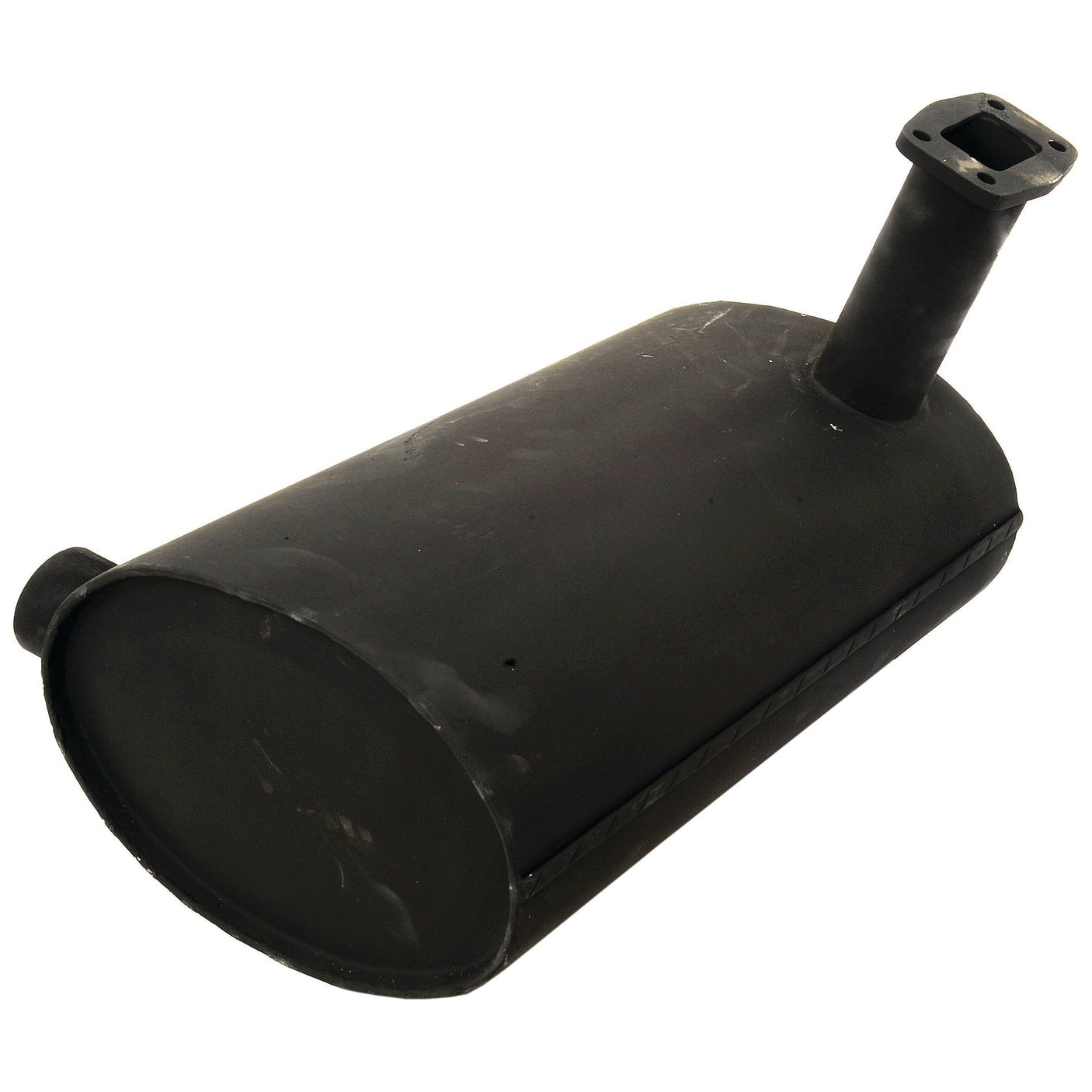 The Sparex Silencer - Underhood - S.68236 is a black metal muffler designed for automotive exhaust systems. It features a cylindrical body and a curved inlet pipe, and is coated with heat-resistant paint to ensure durability and performance.