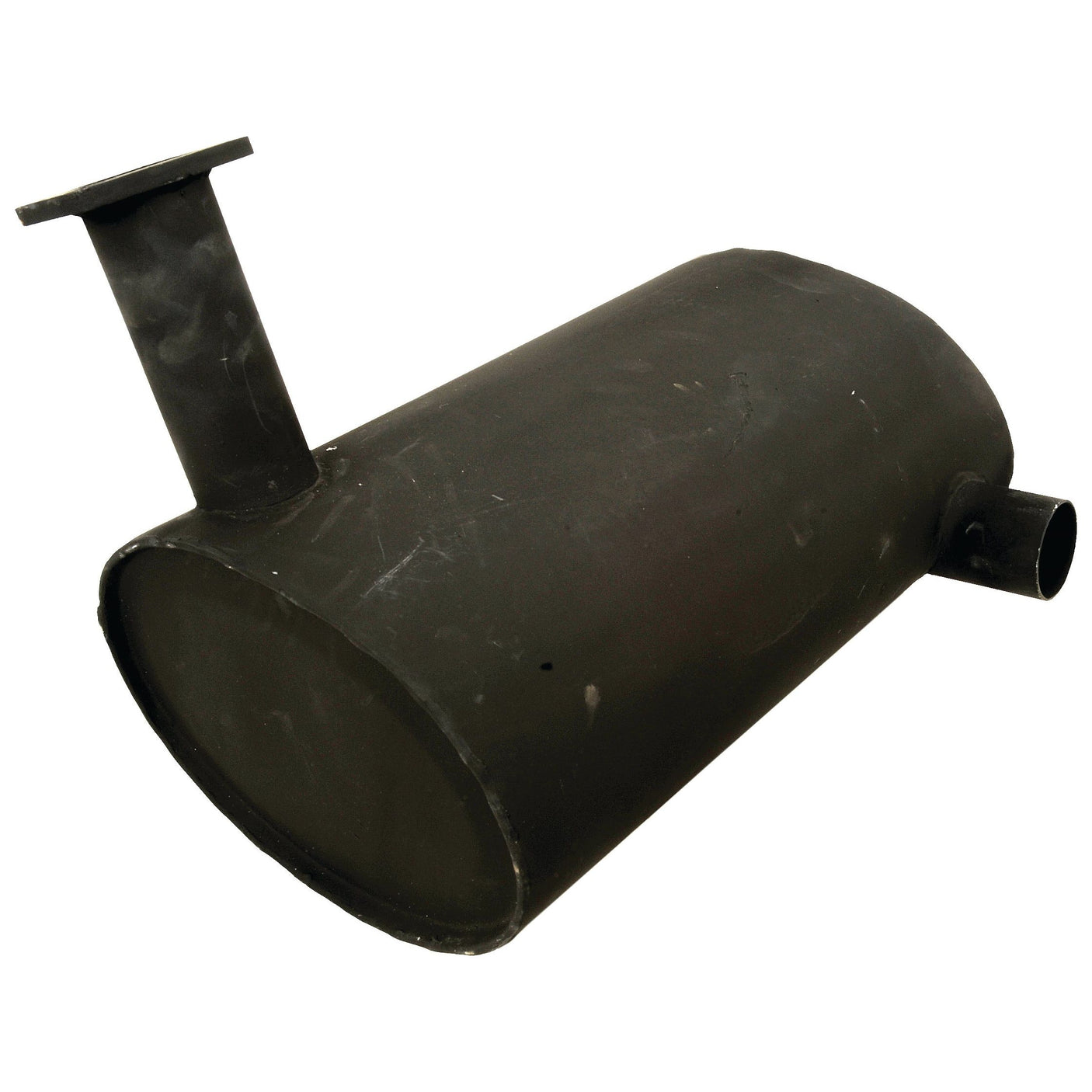 The Sparex Silencer - Underhood (S.68236) is a black metal muffler with a cylindrical body, coated in heat-resistant paint, and featuring two outlet pipes at different angles.