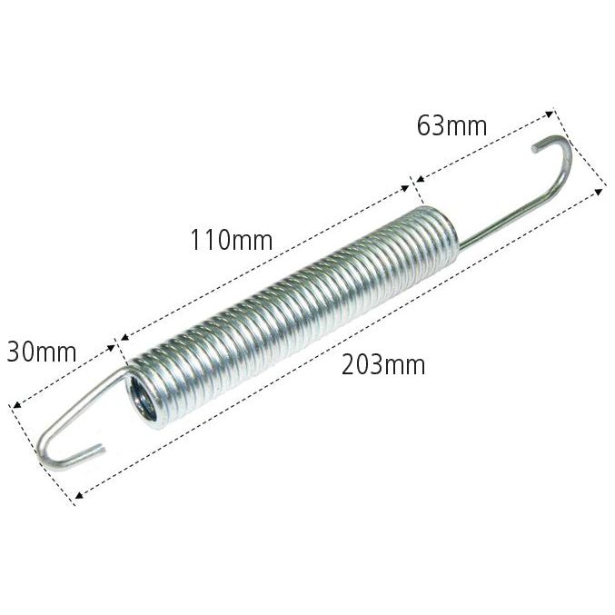 The Sparex Spring (Part No. S.68238) features a diameter of 30mm and a length of 203mm, including hooks on both ends. The coiled section measures 110mm, and it has a total extension of 63mm. This versatile spring from the trusted brand Sparex is ideal for various applications, such as maintaining tension in Ford brake pedal systems.