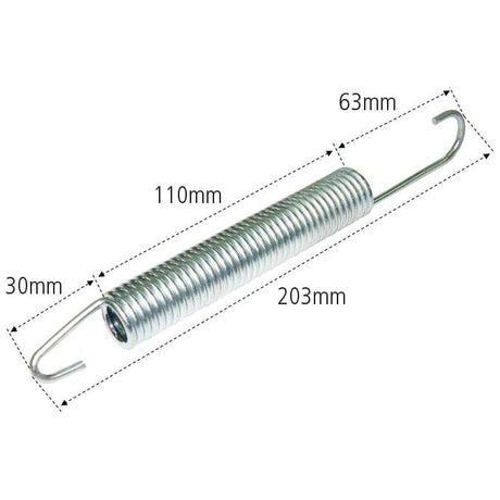 The Sparex Spring (Part No. S.68238) features a diameter of 30mm and a length of 203mm, including hooks on both ends. The coiled section measures 110mm, and it has a total extension of 63mm. This versatile spring from the trusted brand Sparex is ideal for various applications, such as maintaining tension in Ford brake pedal systems.