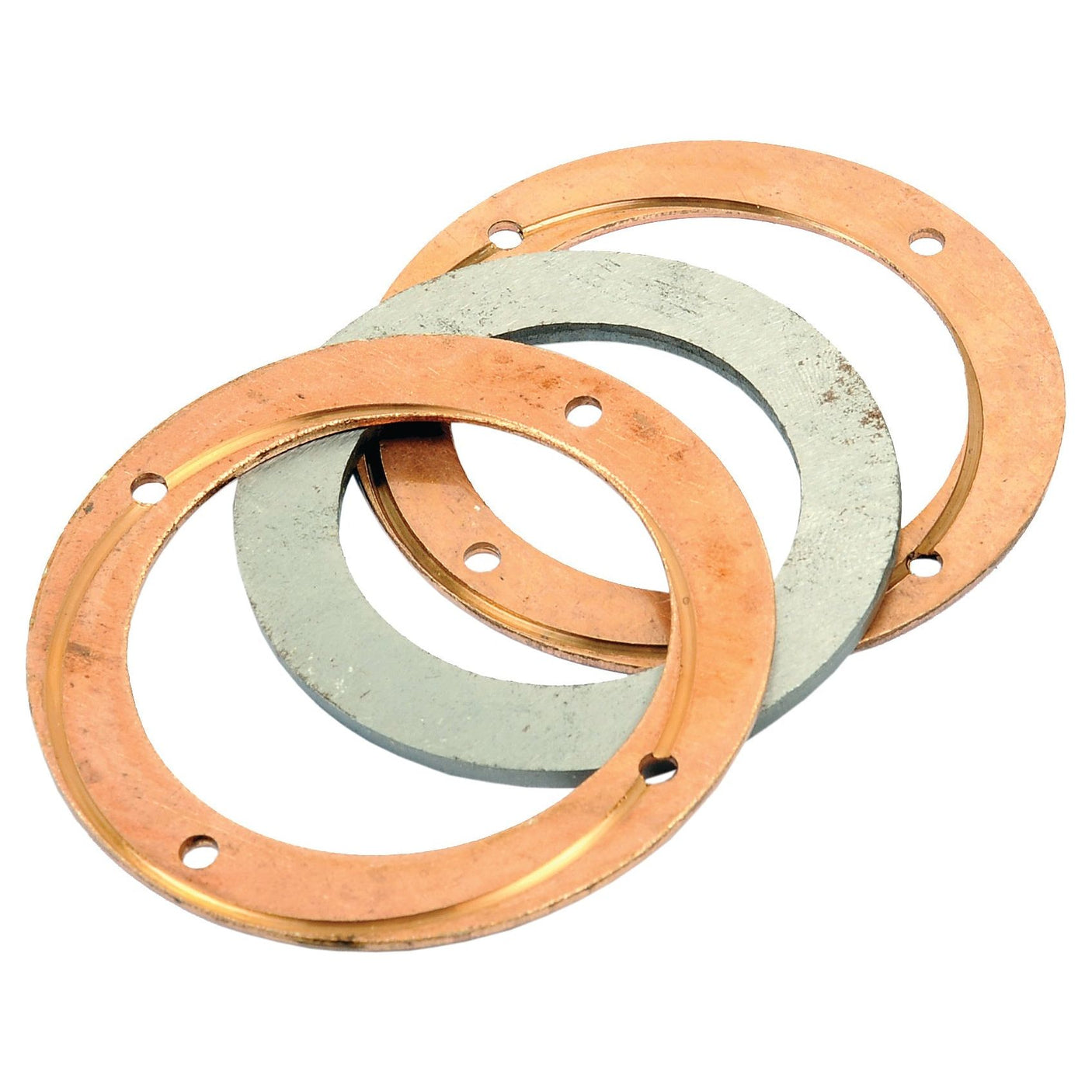 Three round metal gaskets, two copper-colored and one silver, are placed overlapping each other. Each has multiple small drill holes around their circumferences. This arrangement is reminiscent of a Main Input Shaft Washer Kit (Sparex Part No. S.68239) from Sparex for Ford New Holland vehicles.