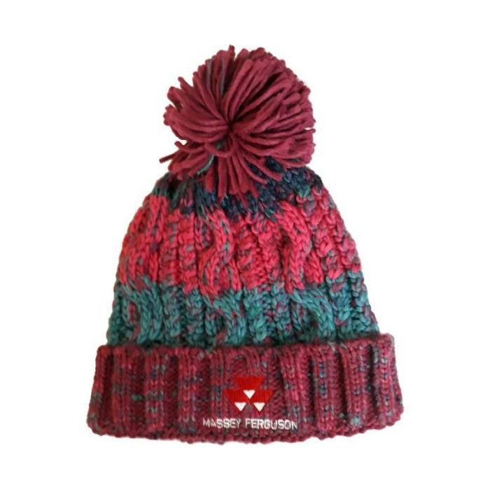 Introducing our Massey Ferguson Beanie for Infants (B486AWB-MF): a cozy knit beanie adorned with festive red and green stripes and topped with a charming pom-pom. This stylish accessory, crafted by AGCO, proudly features the Massey Ferguson logo, making it perfect for warmth and showcasing brand loyalty this season.