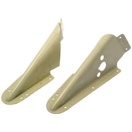 The Fender Support Set (RH & LH) by Sparex, Part No. S.68244, includes two beige, triangular metal brackets with flanges at the base and multiple holes for mounting. The top edge of the left bracket appears damaged, making it less than ideal for rigorous Case IH or David Brown equipment applications.