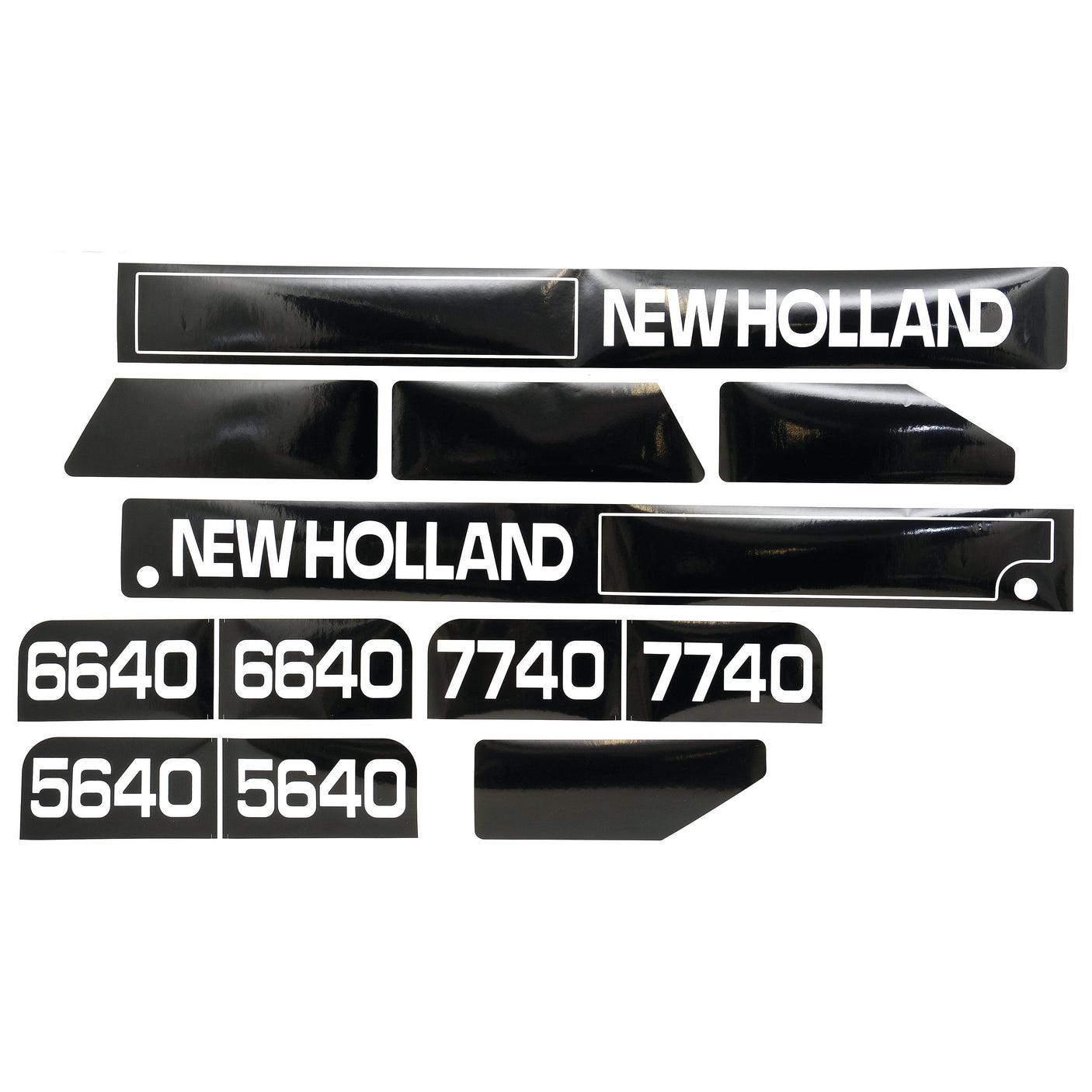 The Sparex Decal Set (Part No. S.68253) for Ford / New Holland models 5640, 6640, and 7740 features black and white decals arranged on a white background, creating a striking appearance.