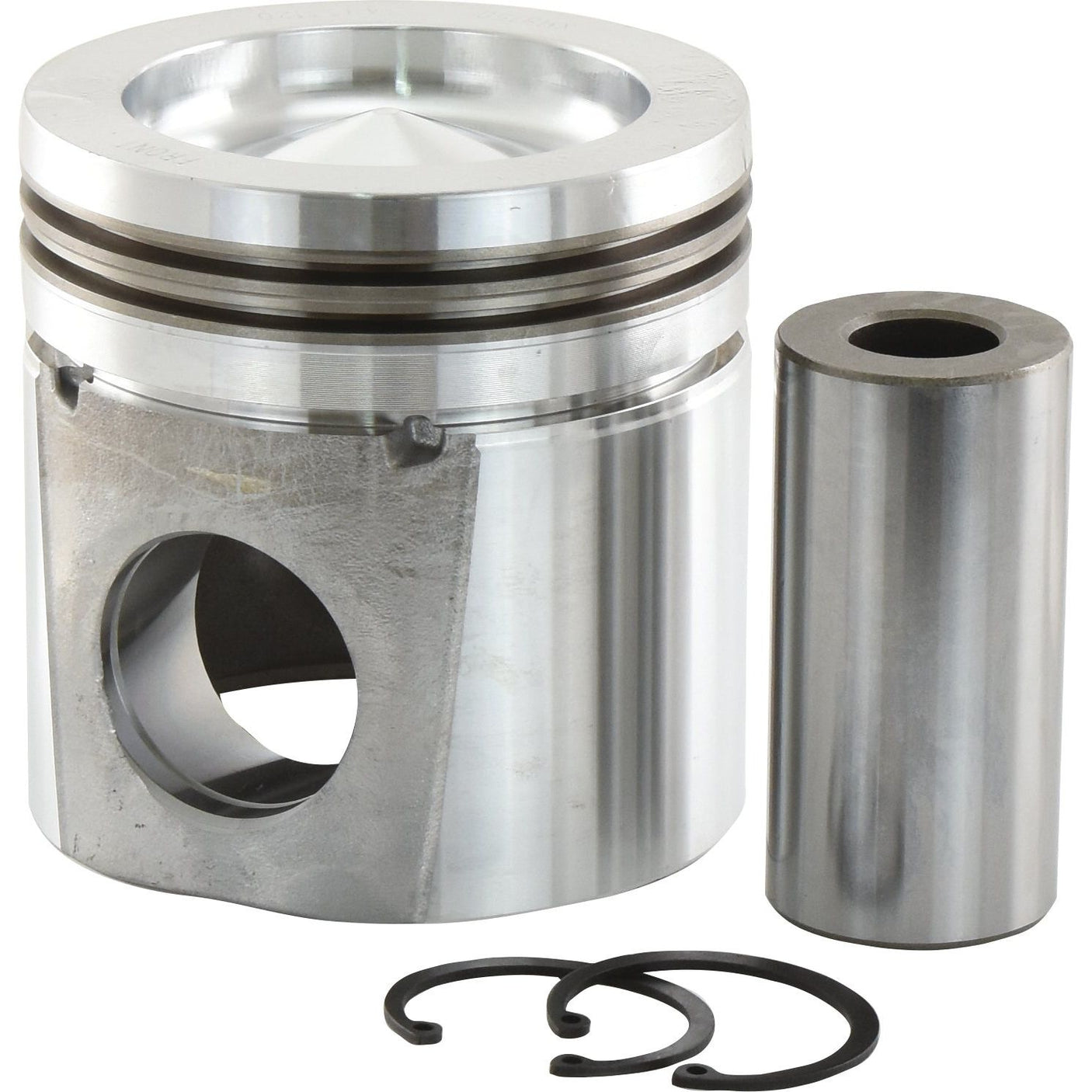 A Sparex Piston (Standard) - S.68258, featuring a bore diameter, two piston rings, a wrist pin, and two circlips, placed on a white background.