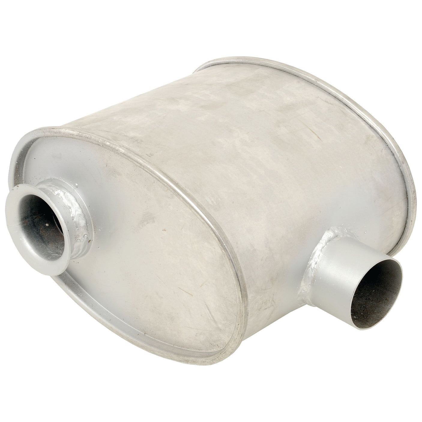 The Silencer - Underhood - S.68267 by Sparex, a large silver metallic car muffler with an inlet and outlet pipe, featuring a Sparex black finish, is displayed on a white background.