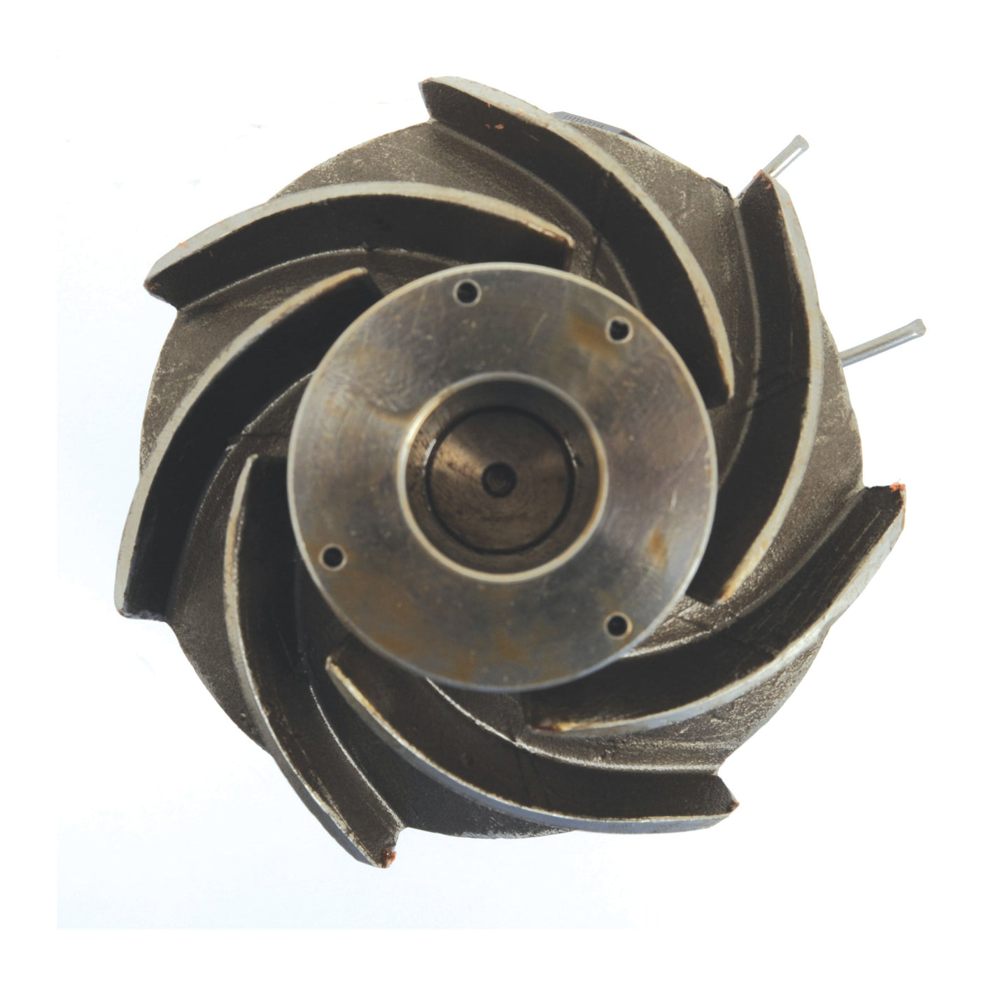 Top view of a Water Pump Assembly (Supplied with drive gear) by Sparex, showcasing its industrial metallic turbine structure with six curved blades and a central hole for mounting, Product No. S.68268.