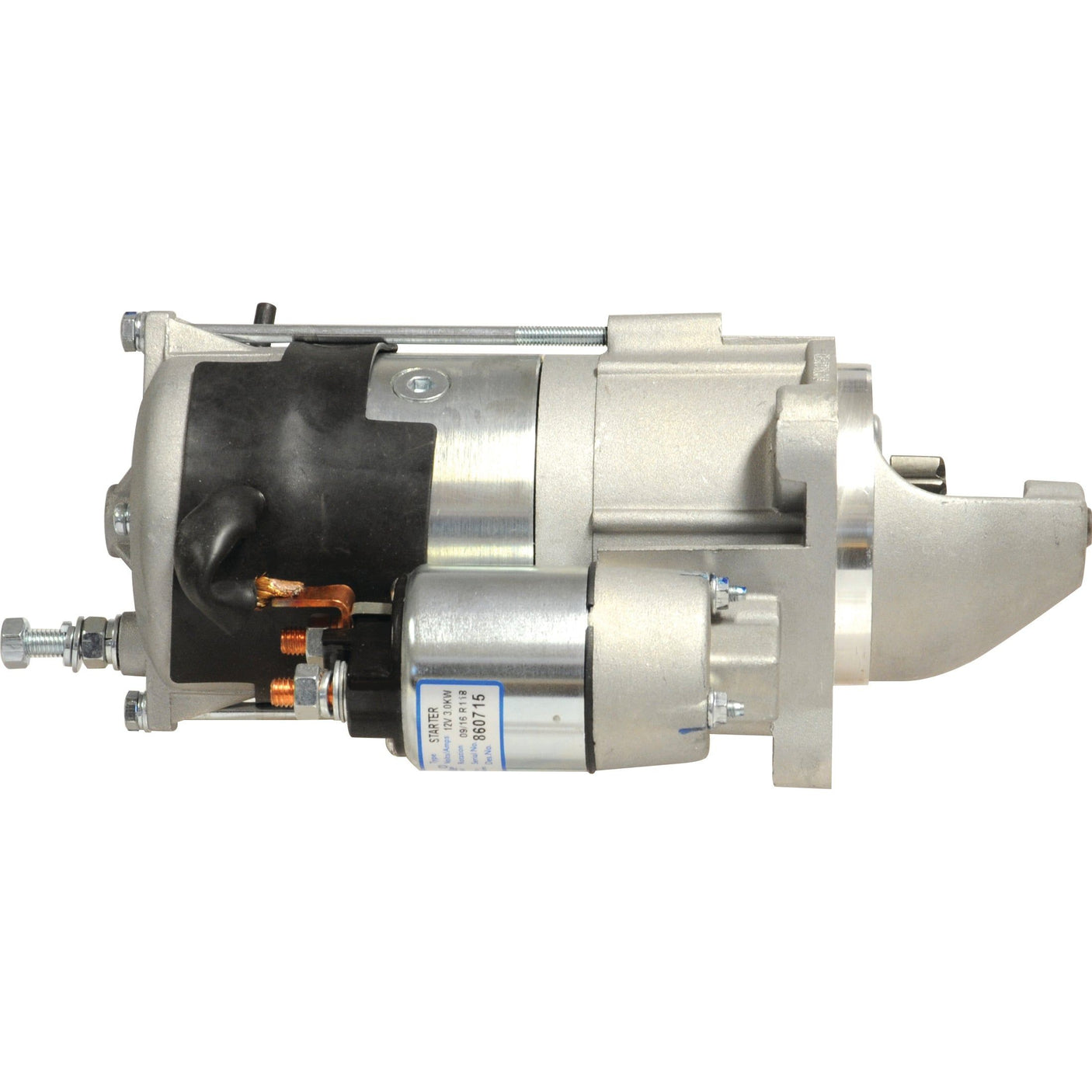 The Sparex Starter Motor - 12V, 3Kw, Gear Reduced (Sparex Part No.S.68269) is a silver automotive starter motor with visible wiring and connectors, designed for starting internal combustion engines and featuring a gear-reduced mechanism.