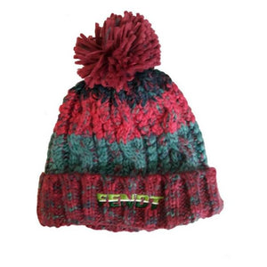 The Fendt Pompom Beanie - Adult - B486WB-FD by JMCE is a knit beanie with a pompom on top, showcasing a red and green pattern and featuring the word "SENDIT" embroidered in green and yellow at the cuff.