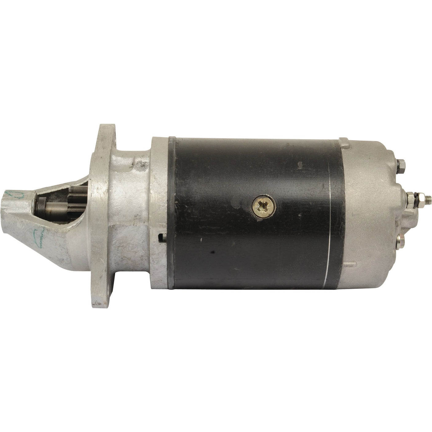 A Sparex Starter Motor - 12V, 2.2Kw (Lucas TVS) lies horizontally on a white background, showcasing its cylindrical body and metal components on each end.