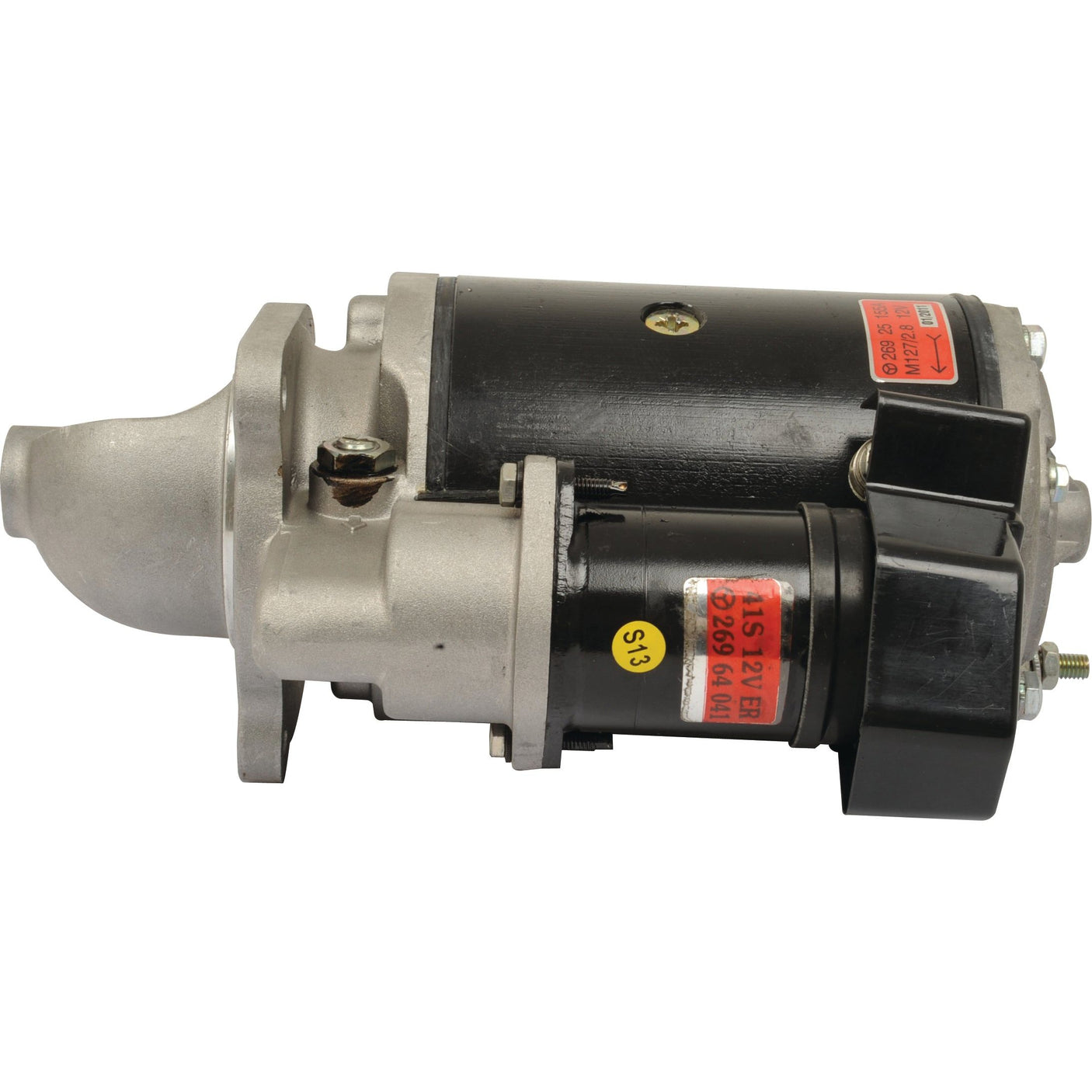 Close-up of the Starter Motor - 12V, 2.7Kw (Lucas TVS) by Sparex featuring a silver metallic body, black cylindrical components, and red labels. It has clearly visible attached bolts and is identified by Sparex Part No. S.68276.