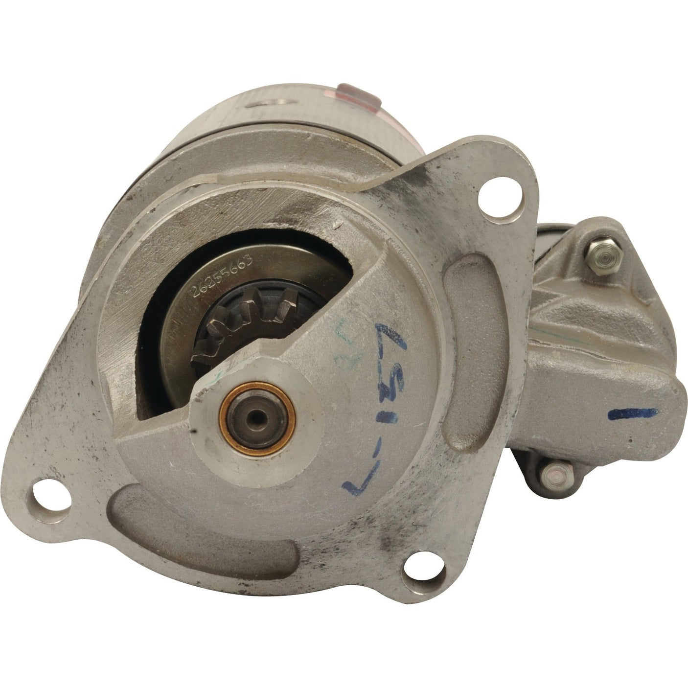 A Lucas TVS vehicle starter motor, specifically the Sparex Starter Motor - 12V, 2.7Kw (Part No. S.68279), is a metal mechanical component with a cylindrical shape and multiple attachment points.