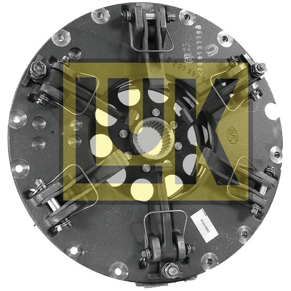 Close-up of a metallic circular mechanical component with a series of bolts and springs, featuring an engraved barcode and the brand logo "Sparex" in yellow. The dual cover design of the Clutch Cover Assembly - S.68284 highlights the cast iron's durability and quality.