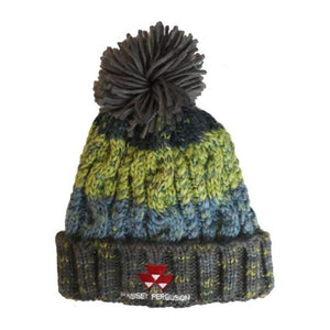 The JMCE Massey Ferguson Pompom Beanie - Adult - B486EG-MF features vibrant green and blue stripes with a sizable gray pom-pom on top. The folded brim proudly displays the Massey Ferguson logo. Made entirely from 100% cotton, this beanie offers both stylish flair and cozy comfort.