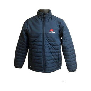 The JMCE Navy Jacket - 321364MF is a navy blue, quilted jacket with a high collar, front zipper, and an embroidered logo on the left chest. It features a Stormtech thermal shell for added warmth and water-repellent protection.