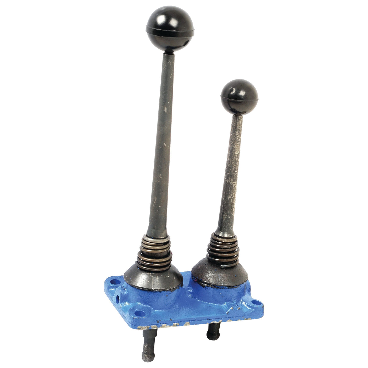 The Sparex Gear Lever Assembly (Part No. S.68312) features two metal gear shift levers with black knobs and springs, mounted on a blue baseplate with bolt holes, reminiscent of the classic Ford Dexta design.