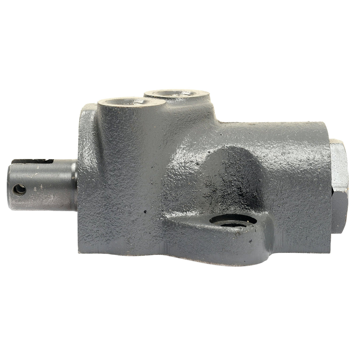 The Valve Assembly (Sparex Part No. S.68325) by Sparex is a metallic, industrial component featuring a cylindrical shaft protruding from a robust, angled base with two visible openings on top. Reminiscent of those found in Massey Ferguson machinery, the surface has a textured, matte finish.
