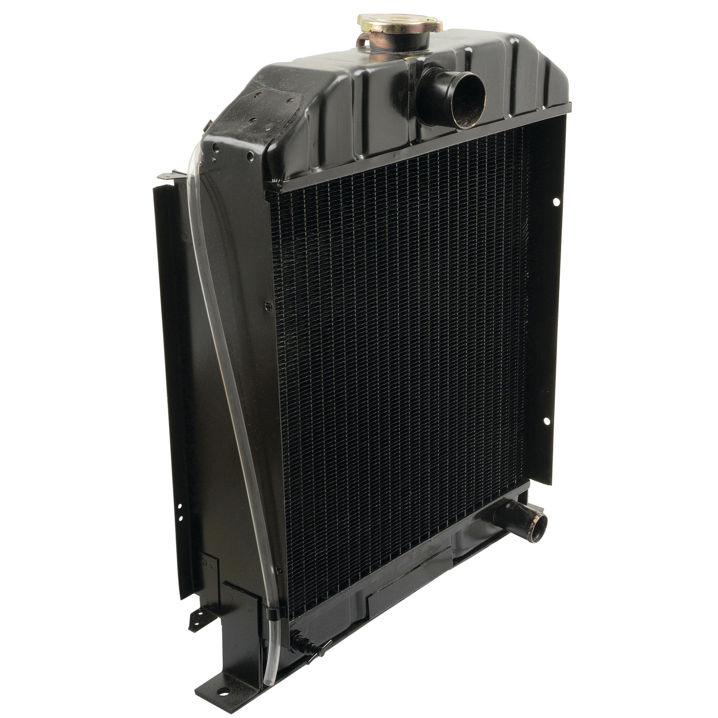 The Radiator - S.68327 by Sparex, designed for engine cooling, features a black finish and includes upper and lower hose connections along with a Sparex radiator cap.