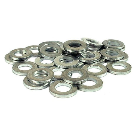 A pile of Sparex Metric Flat Washers (Sparex Part No. S.6834) adhering to DIN 125A standards is displayed on a white background. The zinc-plated washers have an inner diameter of 6mm, an outer diameter of 12mm, and a thickness of 1.6mm, featuring a circular shape with a hole in the center.