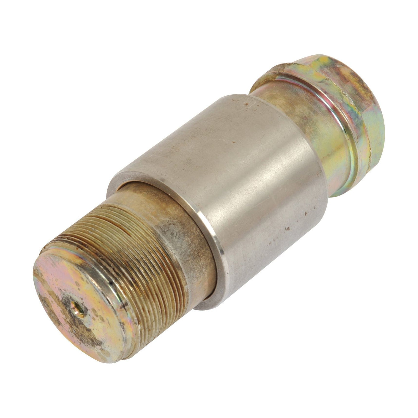 A cylindrical metallic object with a threaded end, showing signs of wear and a slightly tarnished surface, reminiscent of the vintage Axle Pin Kit (Bush & Pin) - S.68359 by Sparex.