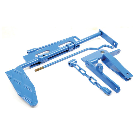 Blue metal parts arranged on a white background, including a foot pedal, brackets, a chain, and connecting rods from the Sparex Foot Throttle Kit (Sparex Part No. S.68360) for Ford/New Holland.