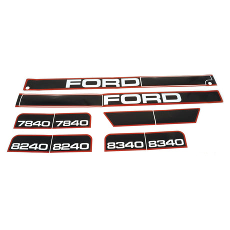 A set of black and red decals with white text featuring "FORD," "7840," "8240," and "8340" in various sizes designed for vehicle decoration or identification, available as the Decal Set - Ford / New Holland 7840, 8240, 8340 (Sparex Part No. S.68372) by Sparex.