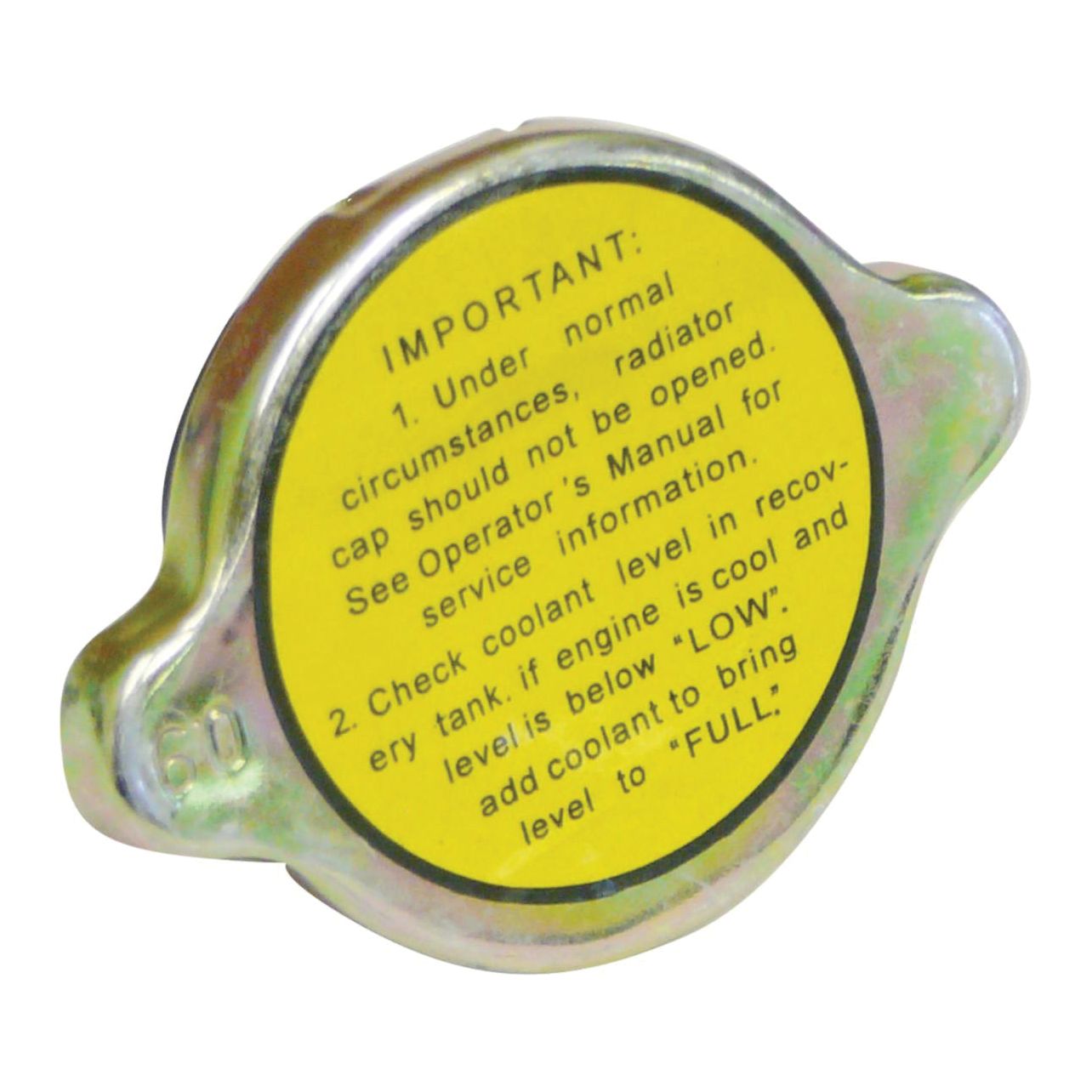 The Radiator Cap - S.68401 by Sparex is a round metal cap with a yellow label that provides instructions for checking and maintaining coolant levels in a vehicle's engine, designed to withstand pressure up to 13psi.