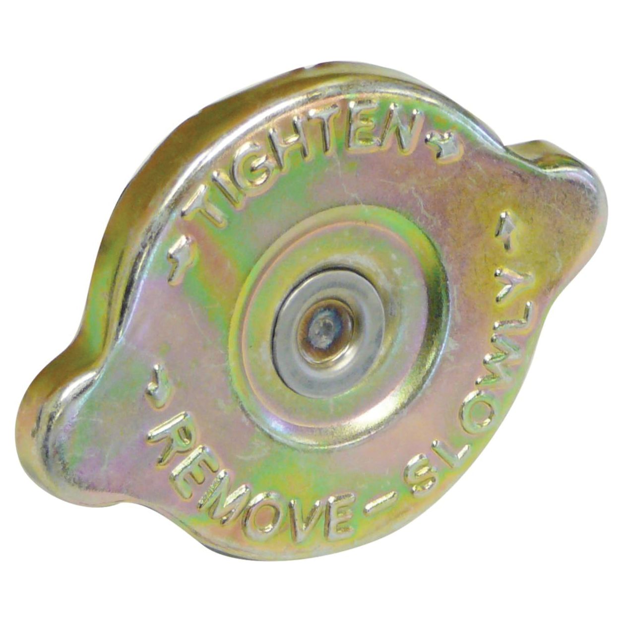 The Sparex Radiator Cap - S.68404, made of durable material, is circular with side grips for easy turning. It features inscriptions "TIGHTEN" and "REMOVE SLOWLY," along with directional arrows. This cap fits securely and effectively manages pressure.