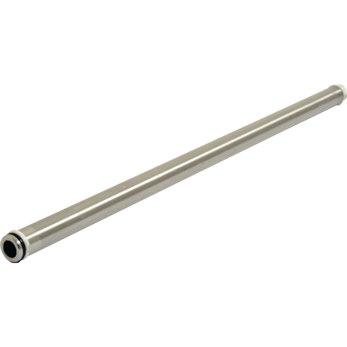 A Steel Hydraulic Pipe from Sparex (Part No. S.68408) with a smooth metallic cylindrical surface and black ring fittings on both ends, reminiscent of high-quality tractor parts, is placed against a plain white background.