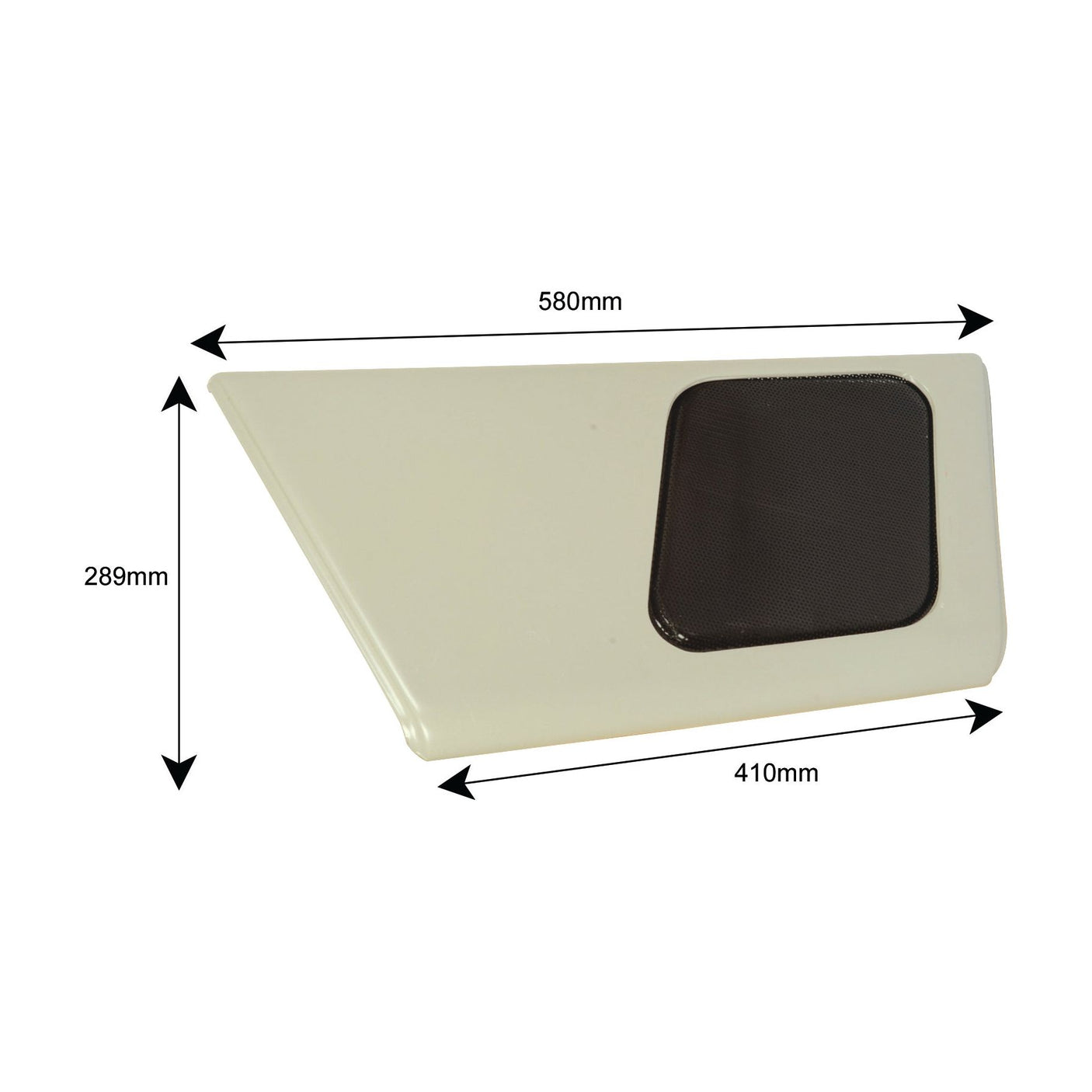 Side Panel RH by Sparex (Sparex Part No. S.68413), featuring a black mesh section, measuring 580mm by 289mm with a 410mm base, ideal for Case IH equipment.