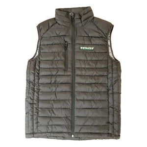 A gray, sleeveless, quilted vest with a front zipper and a zippered chest pocket. The word "JMCE" is embroidered on the left chest. This JMCE Men's Bodywarmer - 002116267F is both lightweight and durable, making it perfect for any outdoor activity.