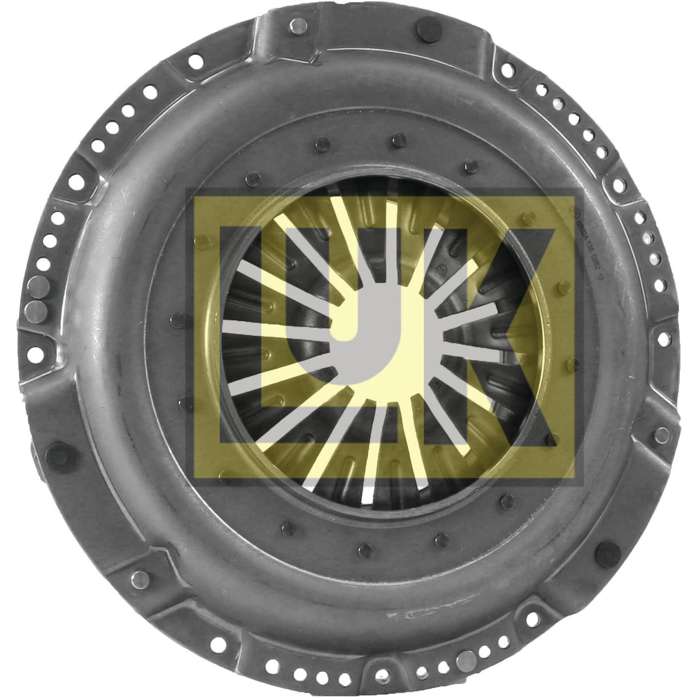 The Clutch Cover Assembly - S.68442 by Sparex is a circular metal automotive clutch assembly featuring a yellow logo with a hand and rays at the center, secured by a robust 350mm cover.