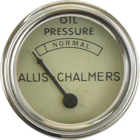 A round chrome oil pressure gauge, labeled "Allis-Chalmers" and branded as Sparex (Part No. S.68445), with a needle reading "Oil Pressure Normal," pointing to the left side of the scale.
