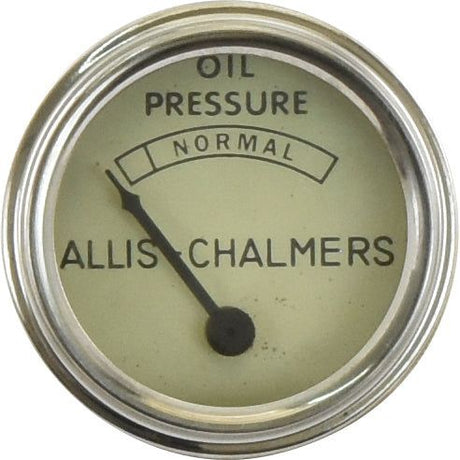 A round chrome oil pressure gauge, labeled "Allis-Chalmers" and branded as Sparex (Part No. S.68445), with a needle reading "Oil Pressure Normal," pointing to the left side of the scale.