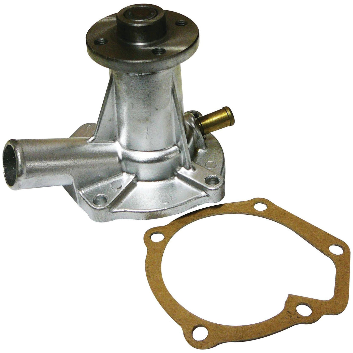 A metal automotive Water Pump Assembly (Supplied with Pulley), accompanied by a gasket and positioned on a white background, compatible with Kubota B1550 and featuring a Sparex Impeller, identified as Sparex Part No.S.68492.