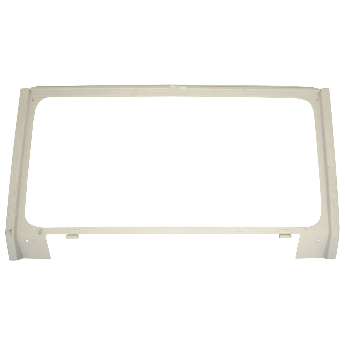 This Sparex Upper Rear Window Frame, part number S.68497, is a white rectangular metal frame with mounting points, potentially designed for Ford / New Holland models and suitable for screens or windows.