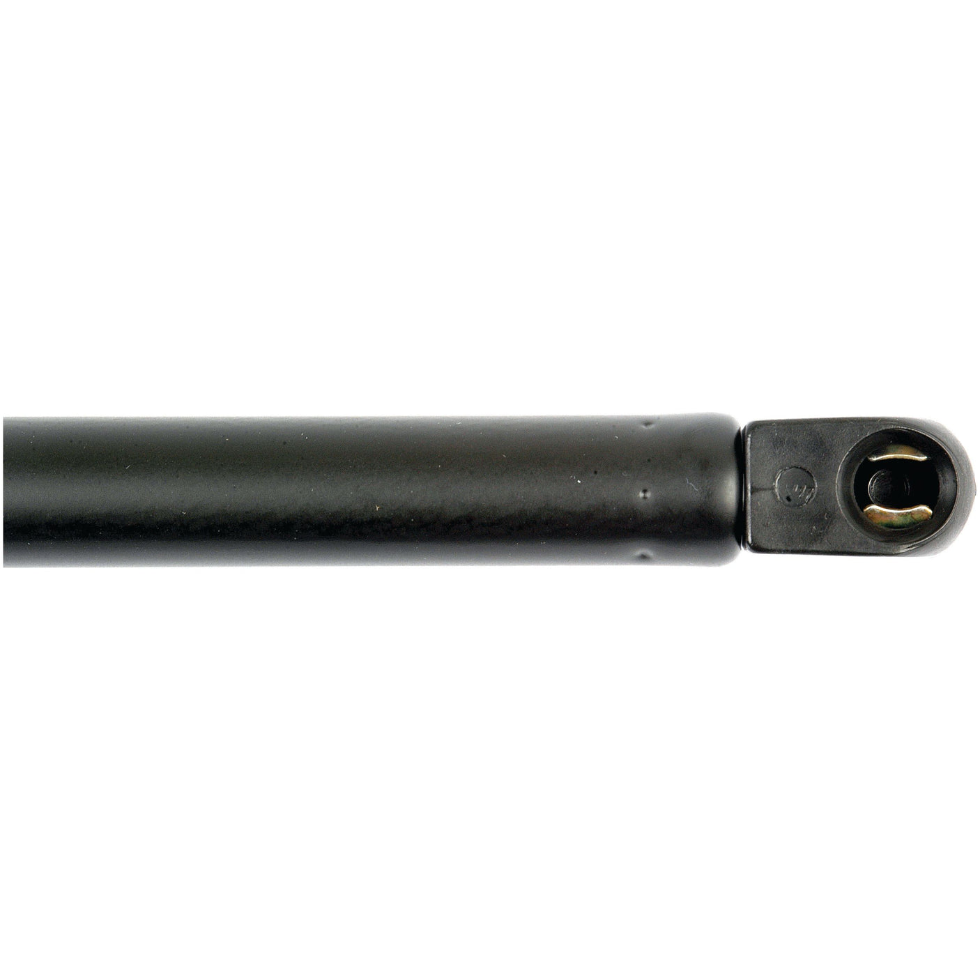 Close-up of the Sparex Gas Strut, S.68539, featuring a black design with an attached end fitting for lifting and holding applications. This robust component offers a 165mm ram stroke and delivers 200N of pressure to ensure reliable performance, with a total length of 420mm.