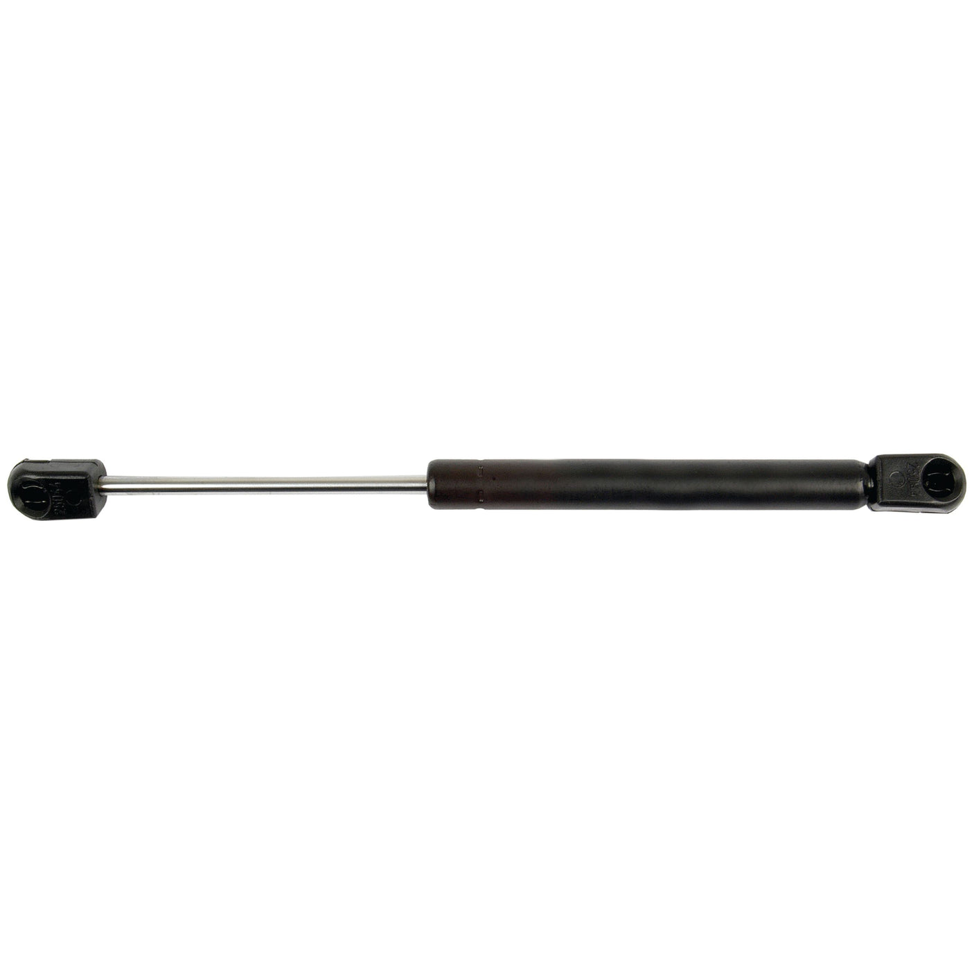 A Gas Strut from Sparex, with a total length of 265mm (S.68542), has a black metal body and silver rod, featuring end fittings and attachment points at both ends.